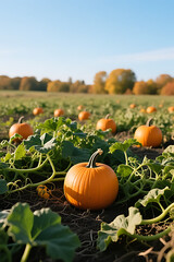 Obraz premium Pumpkin Field Under Blue Sky – Autumn Harvest in the Countryside