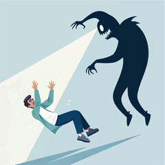 Scared Man Confronted by Shadow Monster Illustration