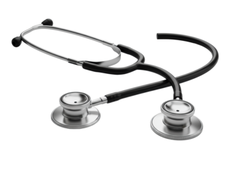 High-precision medical stethoscope with polished silver and matte black tubing, taut white diaphragm, uncoiled in S-curve on gray, macro, dramatic lighting, concept of medical precision