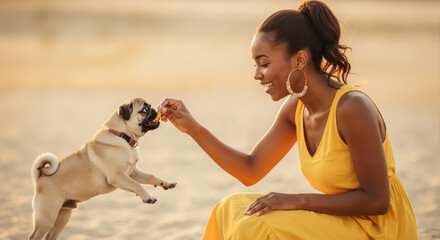 Young black woman in a yellow dress feeding a pug dog on a beach. Happy african american girl playing with her pet at sunset.