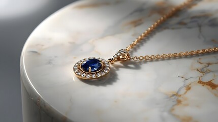 Fototapeta premium “Elegant Blue Gemstone Necklace with Gold Chain on Marble Surface – Luxury Jewelry Photorealistic Close-Up”