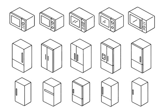 Isometric line drawings of microwaves and refrigerators in various designs