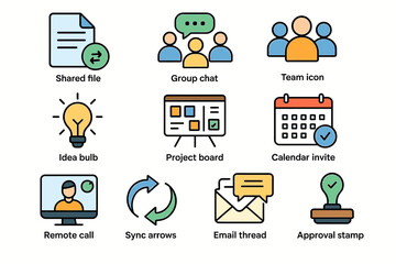 Teamwork and communication icons: group chat, shared files, project management tools