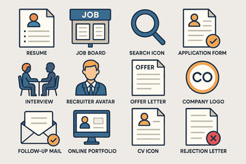 Job search icons: resume, interview, recruiter, application, offer