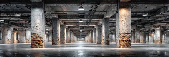 Large industrial space with concrete columns and exposed piping illuminated by artificial lights