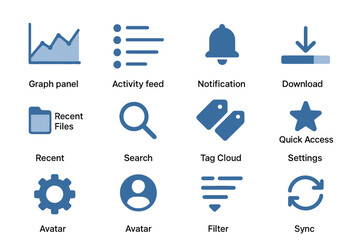 Set of blue user interface icons for web dashboard