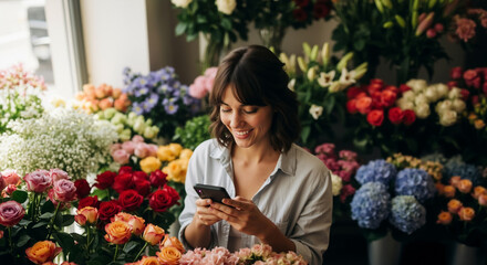 Smiling female florist using a smartphone in her flower shop. Small business owner managing online orders surrounded by colorful flowers.
