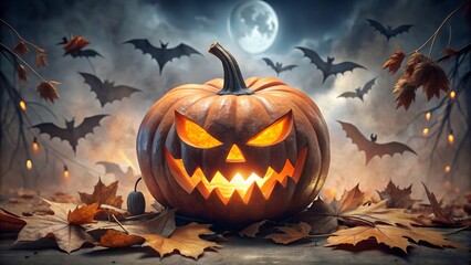 Scary jack o lantern pumpkin with bats and full moon