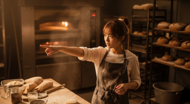 Focused Asian woman baker pointing while working in a bakery. Professional chef preparing artisan bread dough in a commercial kitchen. Small business concept.