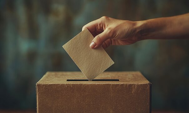 A hand inserting a ballot into a voting box