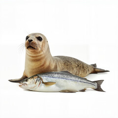 Fototapeta premium Seal resting beside fish on white background 