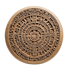 Obraz premium Circular, detailed, bas-relief design. Ancient, possibly Mayan or Aztec, intricate carving, featuring concentric circles, symbols and glyphs, on a bronze-toned surface