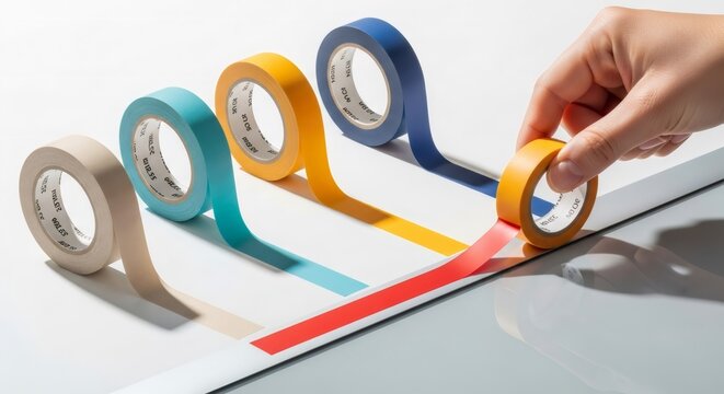 Hand applying colorful adhesive tape in parallel lines. Creative process with a variety of colored rolls. Organization and planning concept.