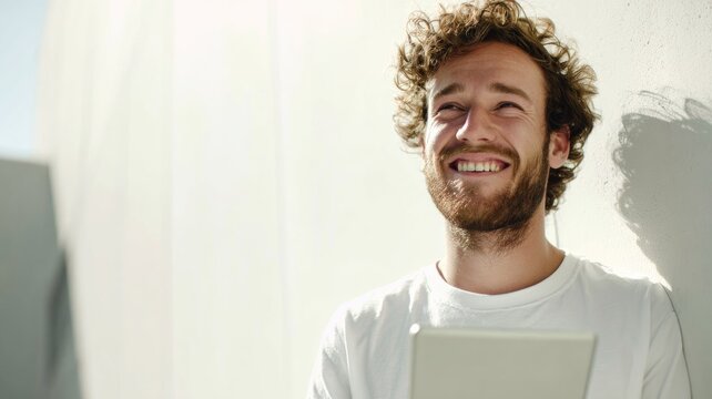 A close-up of a cheerful young man standing against a white wall outdoors on a sunny day. He holds a tablet with a plain white screen.