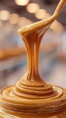 Creamy caramel sauce drizzling from a spoon in a warm, inviting kitchen setting