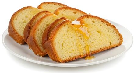 Rabanada served on a white plate with honey drizzle