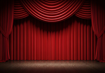 Elegant red stage curtains and podium for product display and presentations