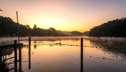 Misty sunrise over a calm river with a dock