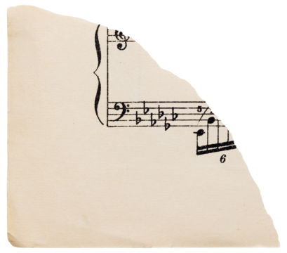Ripped corner of old vintage music sheet, faded paper with notes isolated for scrapbooking