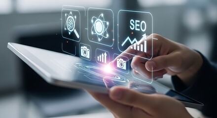 Digital tablet displaying SEO analytics and science icons, held by a person