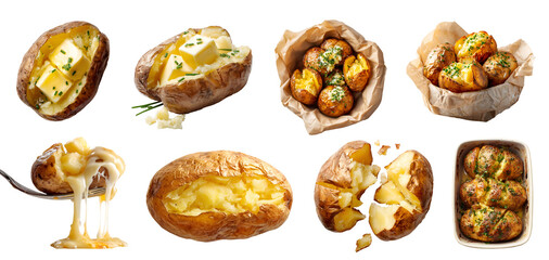 Set of baked skinned jacket potato potatoes, sliced halved broken, filled with cheese butter cream topping garnish, fork, takeaway bowl, oven pan, transparent cutout PNG. Many different style. Mockup