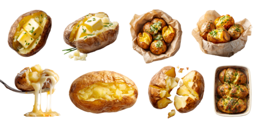 Set of baked skinned jacket potato potatoes, sliced halved broken, filled with cheese butter cream topping garnish, fork, takeaway bowl, oven pan, transparent cutout PNG. Many different style. Mockup