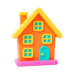 Vibrant Orange Cartoon House with Yellow Roof and Blue Windows