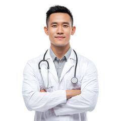 Confident doctor in a white coat with stethoscope arms crossed smiles gently against a plain background for professional portrait