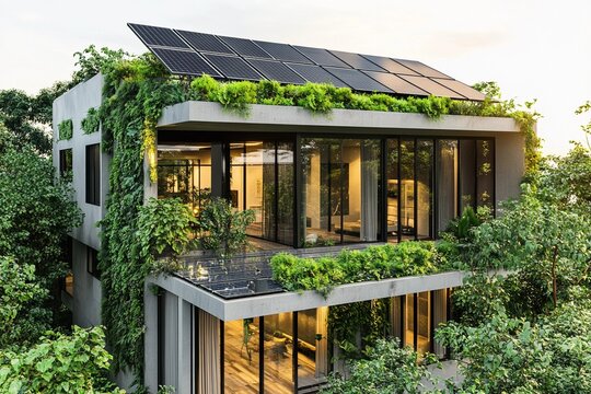 solar panels on the roof of a modern minimalist house - Powered by Adobe