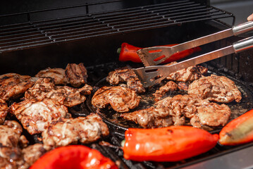 Grilled chicken and red peppers on barbecue grill
