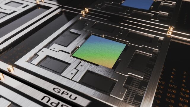 3d rendered animation of a Graphics Processing Unit or GPU.