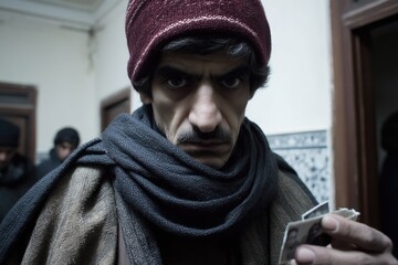 Intense caucasian male with photographs in traditional attire indoors