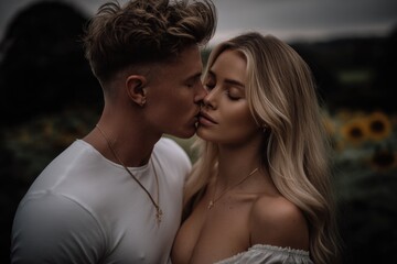 Romantic moment in sunflower field: young caucasian couple embracing