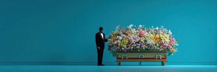 Floral tribute displayed next to a coffin in a serene blue setting with a tuxedoed attendant present