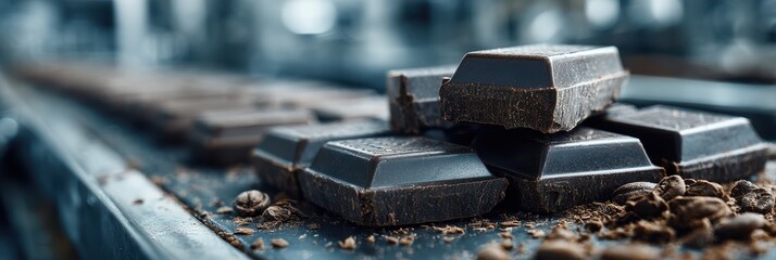 Dark chocolate blocks on a production line in a factory during the day