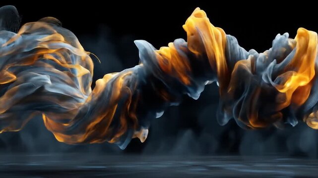 Dynamic interplay of swirling, abstract forms in shades of blue and orange against a dark background.