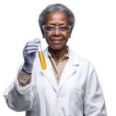 Scientist examining a test tube with yellow liquid Lab coated and wearing glasses the woman looks directly at the viewer smiling