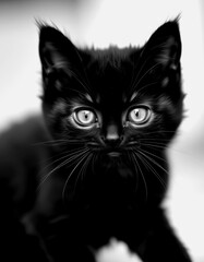 Cute black kitten with striking eyes gazes curiously