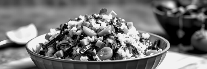 Colorful grain salad with fresh vegetables and herbs in bowl
