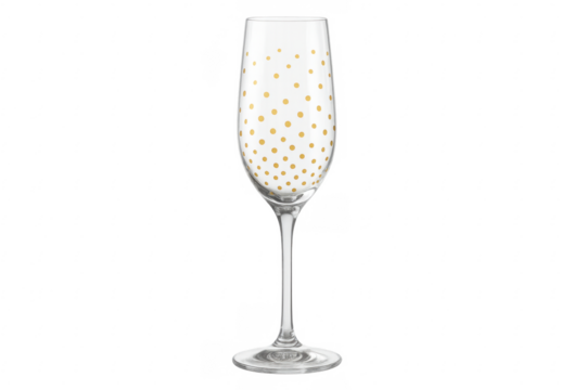 Empty champagne flute featuring gold polka dots