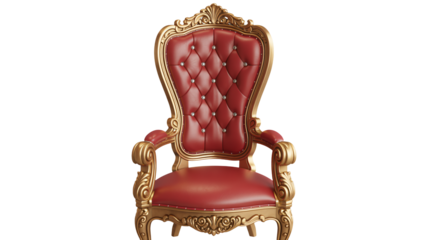 Elegant throne chair with red leather upholstery and gold trim