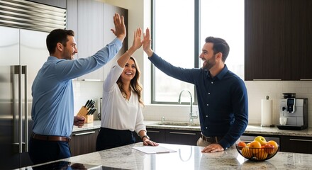 Three smiling colleagues preparing for a high-five, celebrating an achievement in a modern office kitchen