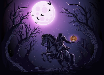 Headless horseman riding dark horse holding pumpkin lantern, spooky forest with twisted trees, full moon, flying bats and mysterious atmosphere vector illustration Halloween night background