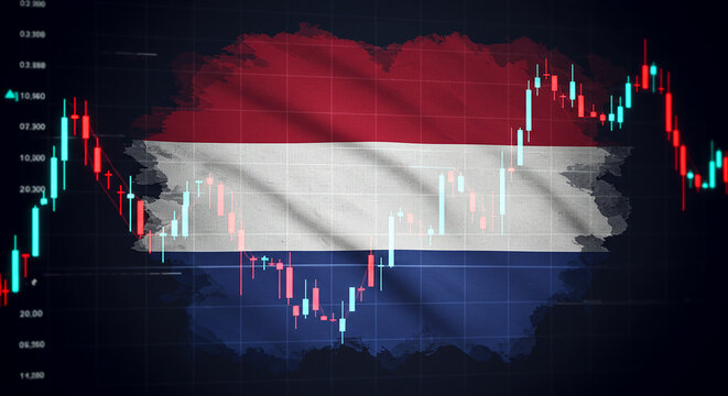 Stock market chart overlayed on the netherlands flag showing investment and financial analysis