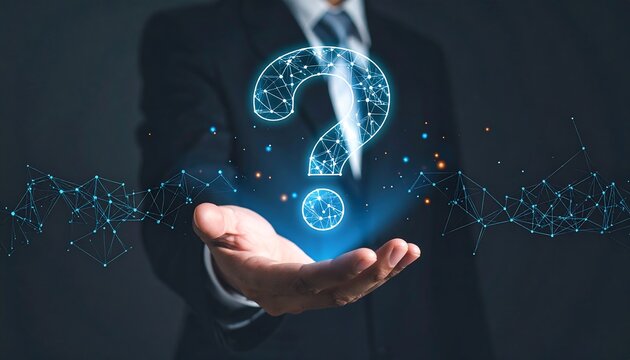 A person in a suit holds out an open hand that is supporting a glowing, digital question mark - Powered by Adobe