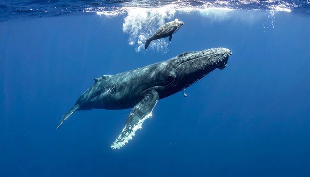 Humpback whale mother and calf in the ocean