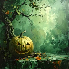 Spooky Halloween pumpkin in a mystical forest