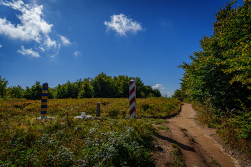 Sunny border meadow with Poland and Ukraine posts beneath blue sky