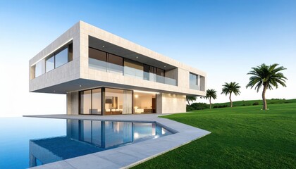 Modern House with Pool: A modern architectural marvel featuring sleek lines, expansive windows, and a stunning swimming pool set against a vibrant backdrop, embodying luxury and contemporary design.