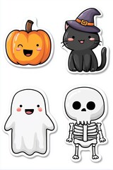 Cute Halloween Stickers with Pumpkin, Cat, Ghost and Skeleton